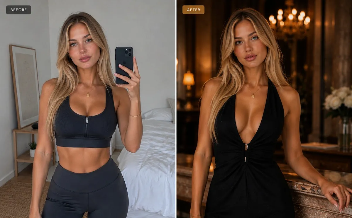 Before and After — Gym Selfie to Black Dress