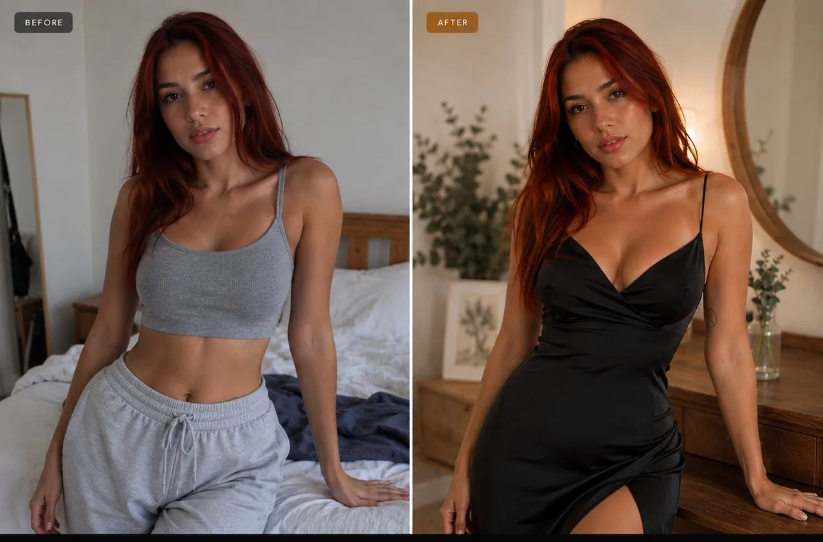 Before and After — Casual to Black Satin Dress